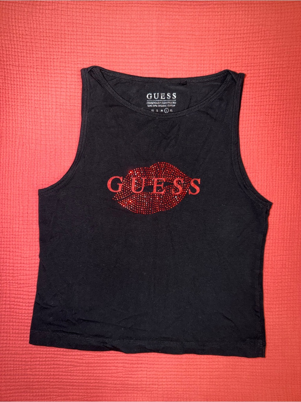 GUESS Black Tank Top with Red Lip and Logo